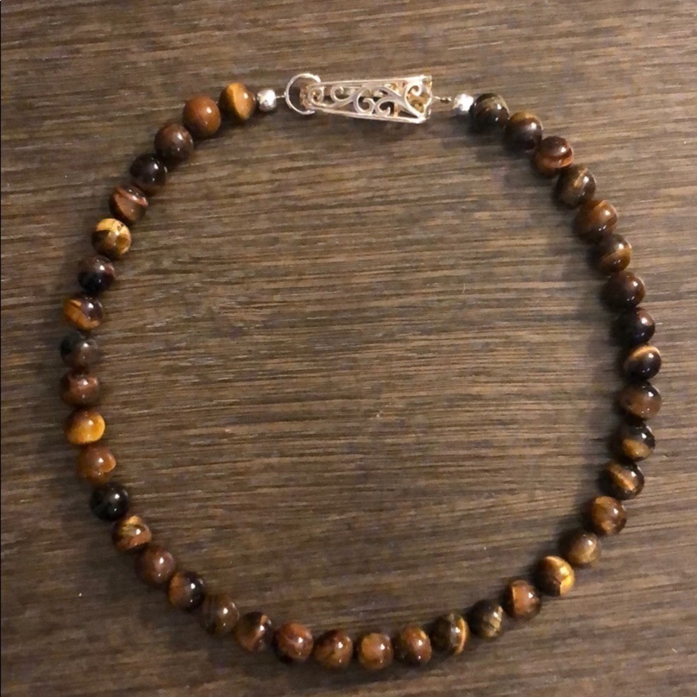 Hand made Tiger Eye beads necklace with Silver plated art deco snap closure